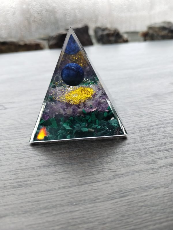 Lapis, Amethyst, Malachite Orgonite Pyramid 2" - Image 3