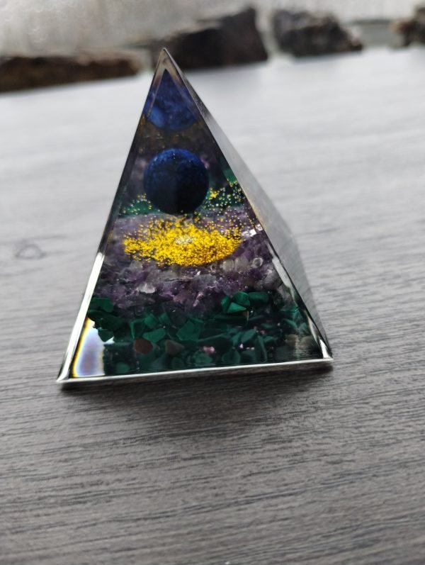 Lapis, Amethyst, Malachite Orgonite Pyramid 2" - Image 2